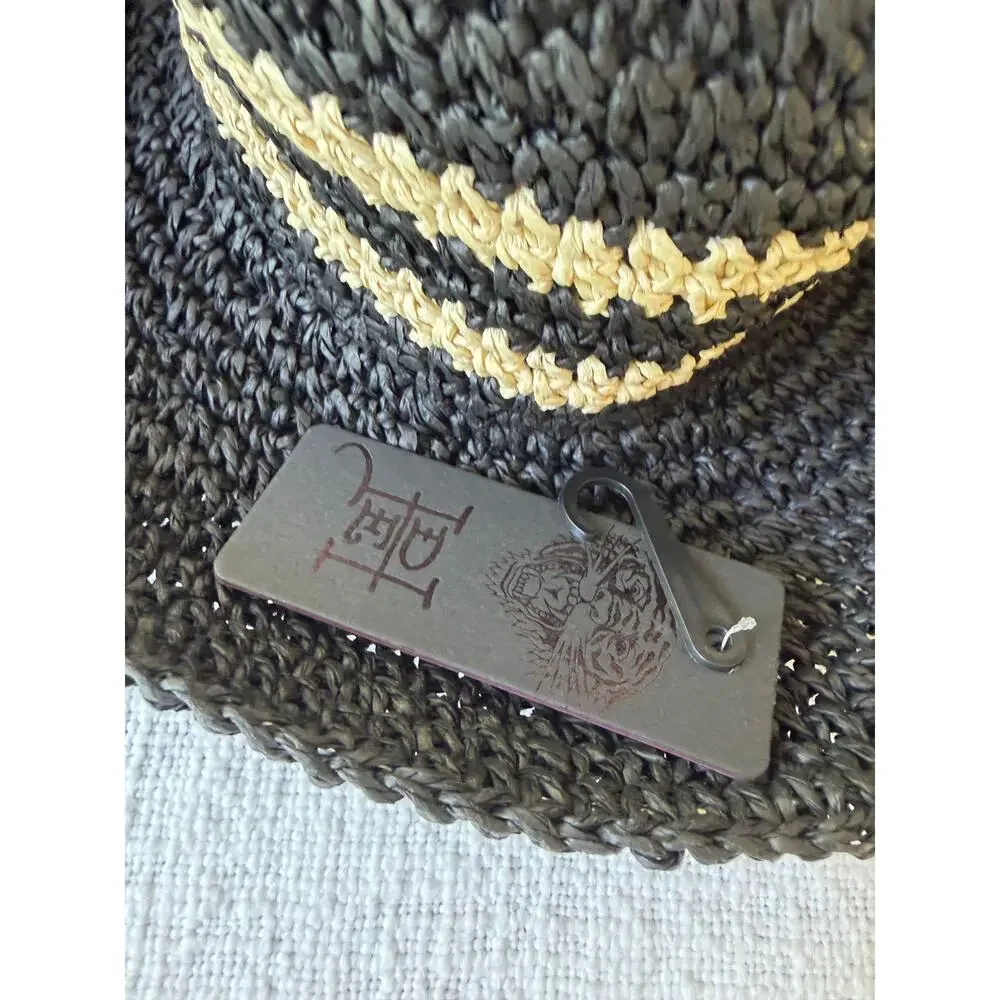 Ed Hardy Black Straw Sun Hat Tiger Embroidered, NEW